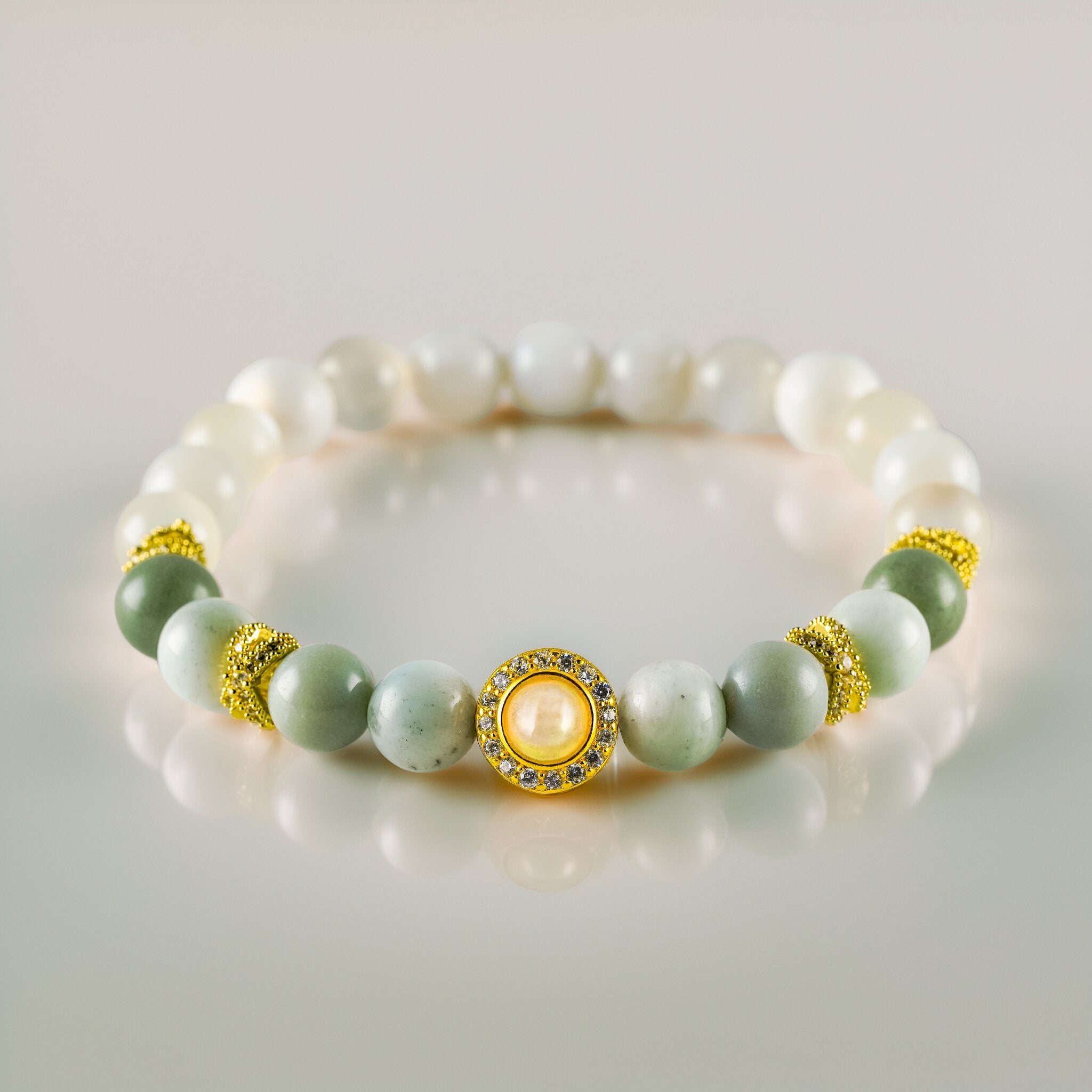 Opal Oracle Collection Amphitrite Tide bracelet by XOIAX, White Opal and Moonstone beads with gold-plated Opal medallion charm