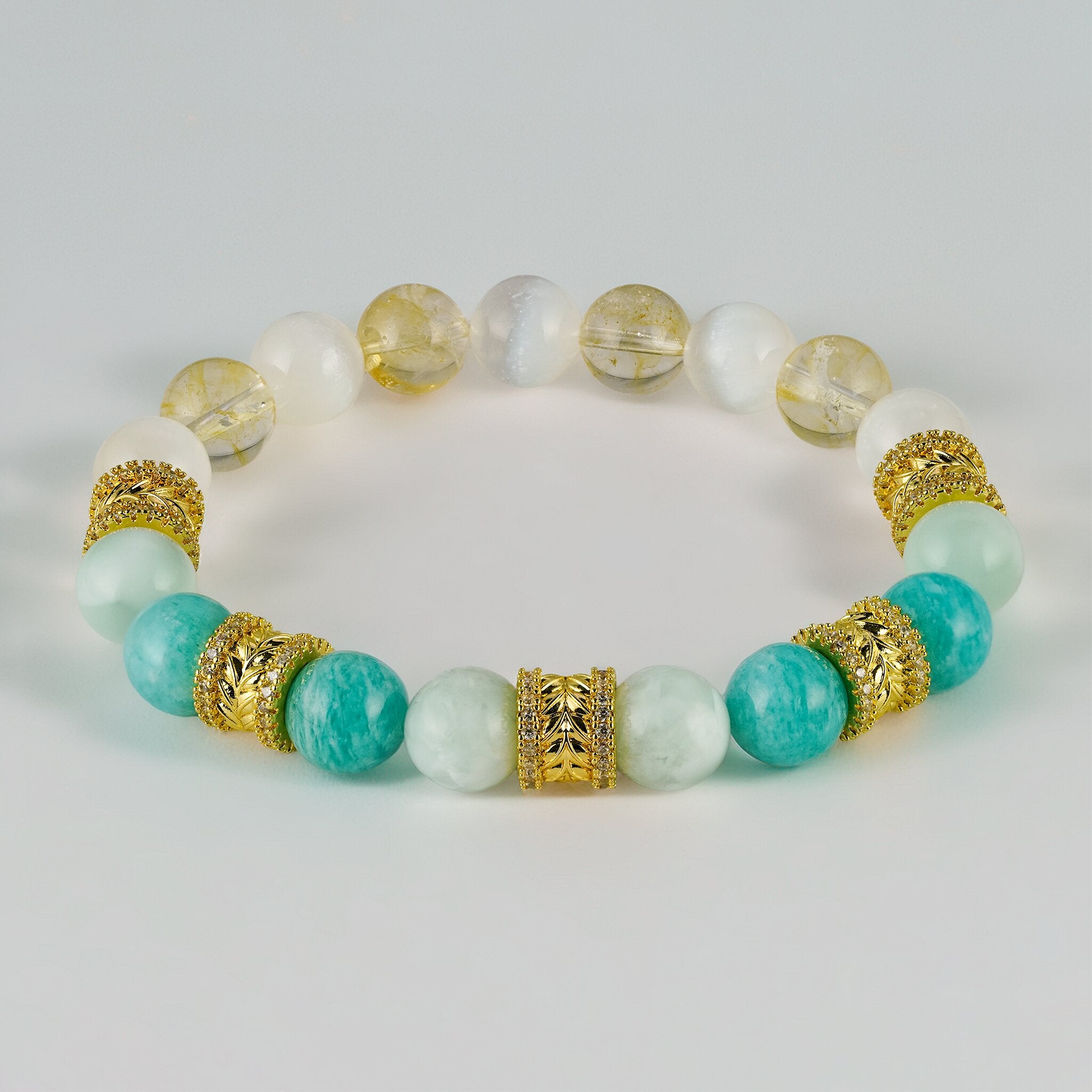 Golden Wreaths The Blossom Halo bracelet by XOIAX with Citrine, Selenite, Green Larimar, and Amazonite beads, a feng shui bracelet for prosperity and nourishment