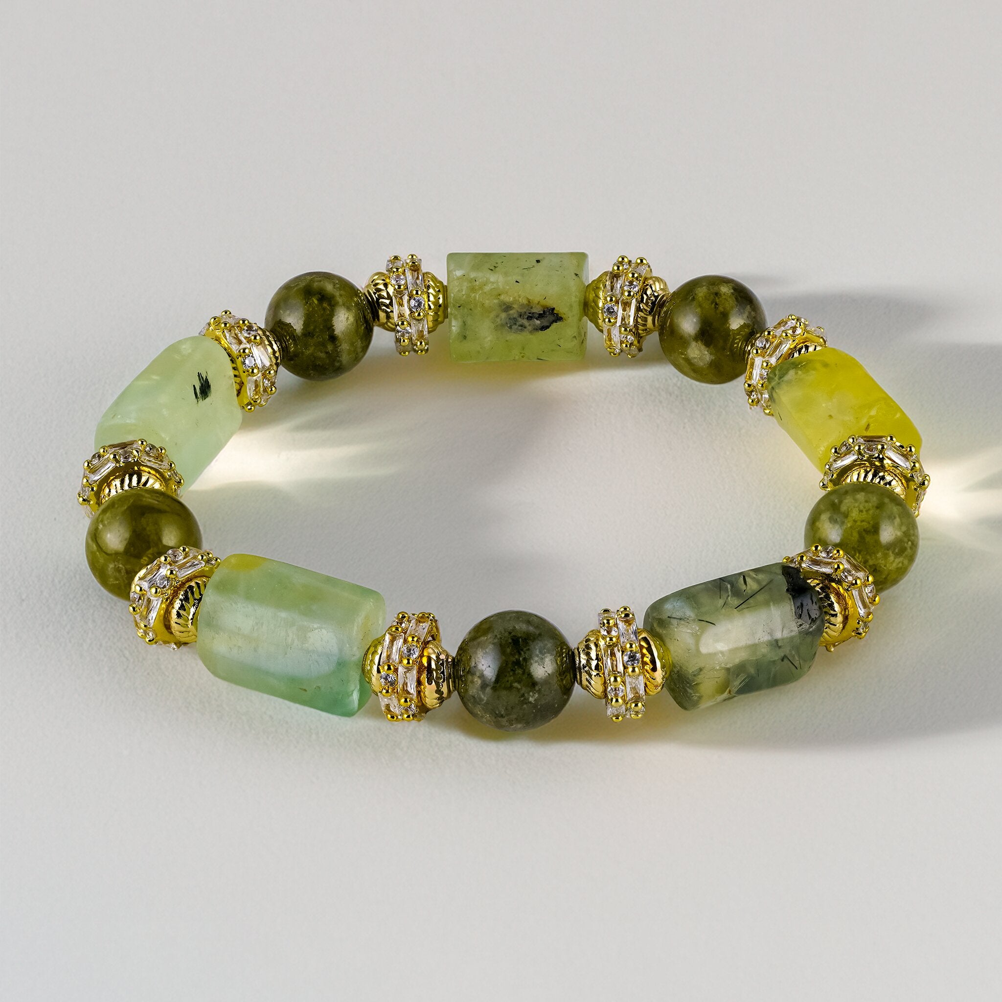 Lin 林 Collection Evergreen Vine bracelet by XOIAX with Green Prehnite and Green Garnet beads, a feng shui gemstone bracelet for continuous growth and vitality