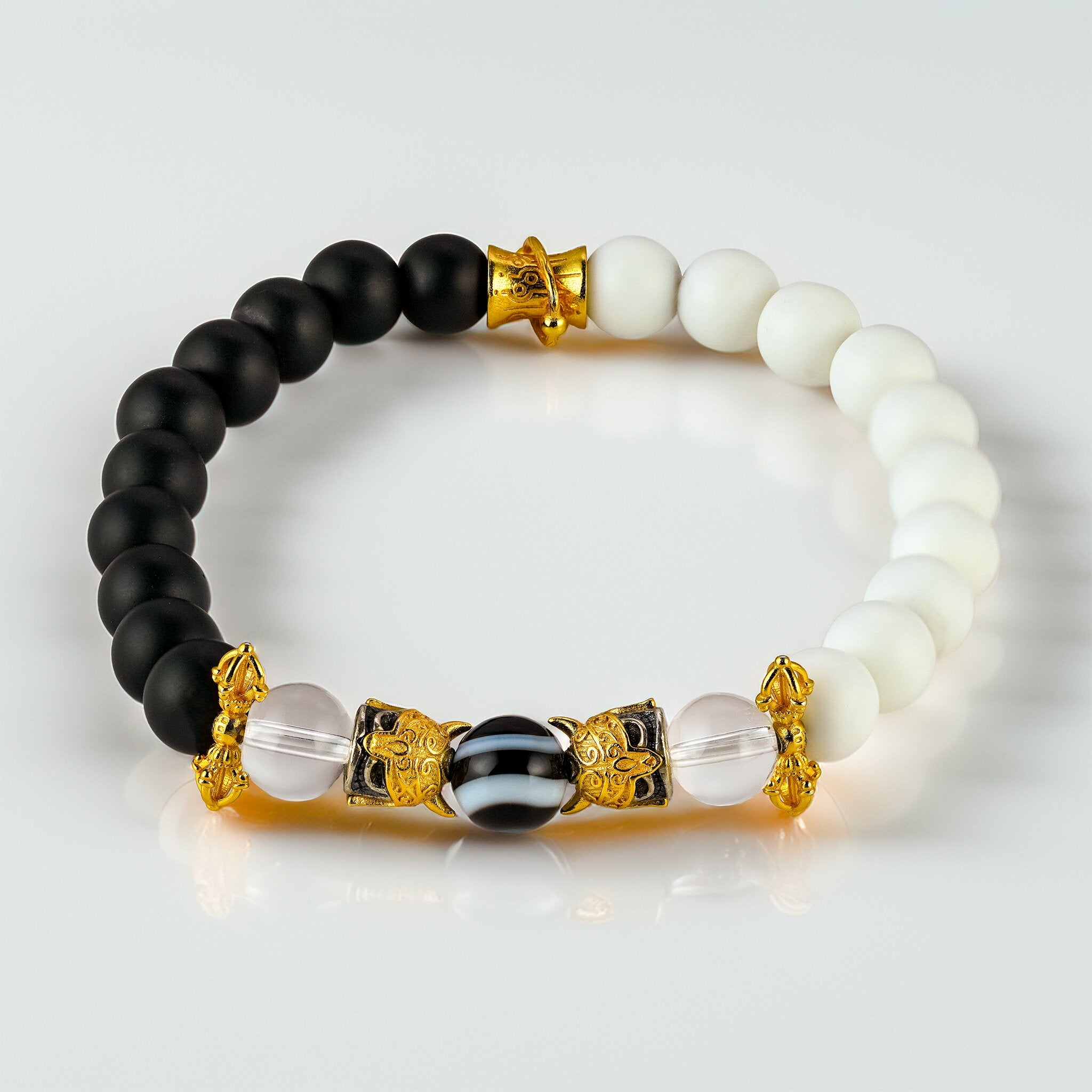 Imperial Court Provincial Collection The Grandmaster bracelet by XOIAX with Black Onyx, White Onyx, Tibetan Dzi, and Clear Quartz beads, 24k gold plated warrior charms and kinetic spinner