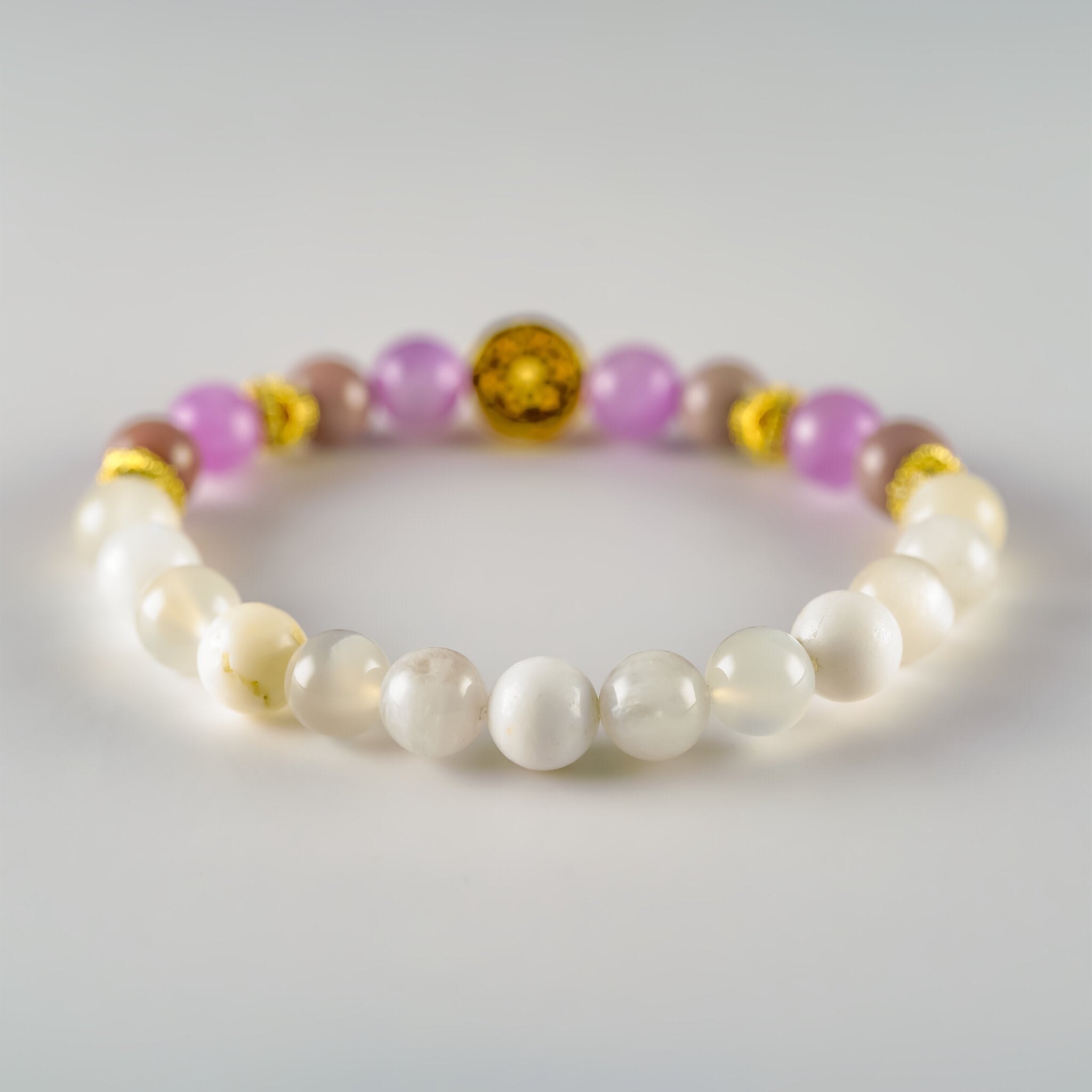 Opal Oracle Collection Isis Enchantment bracelet by XOIAX with Cat's Eye Kunzite, Lilac Alashan Agate, White Opal and Moonstone beads, back view