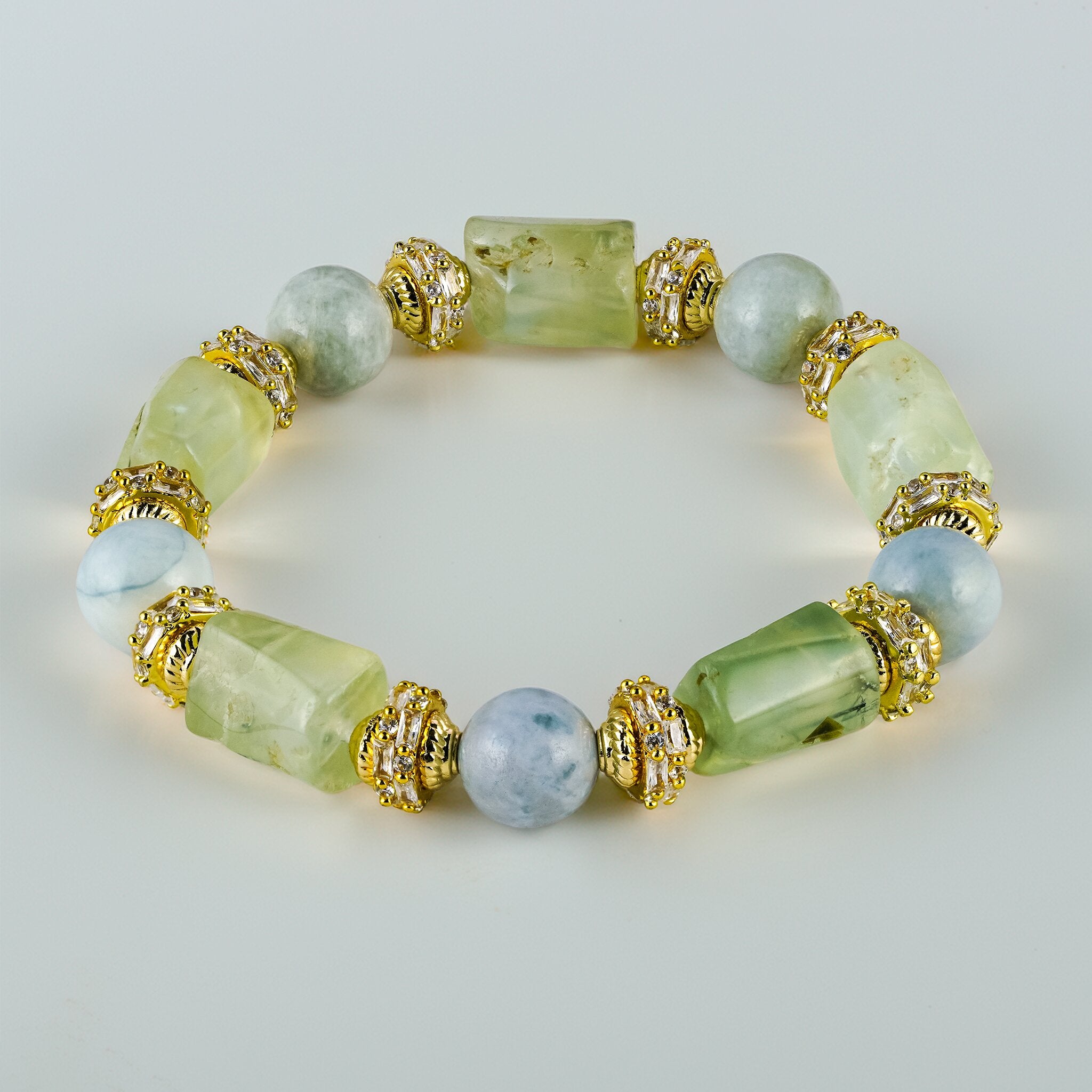 Lin 林 Collection Jade Bamboo bracelet by XOIAX, alternate angle showing Burmese Jade and Green Prehnite beads