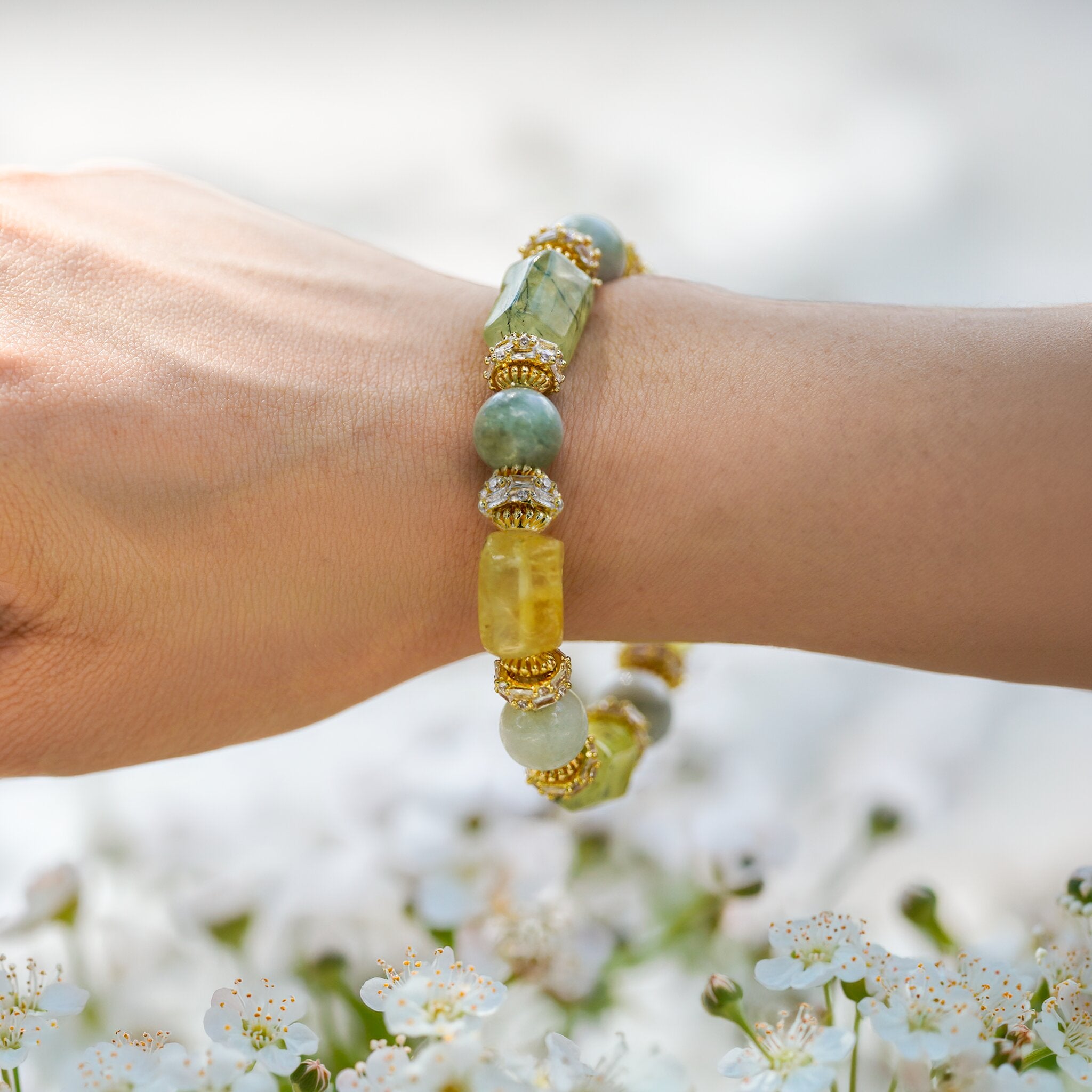Lin 林 Collection Jade Bamboo bracelet by XOIAX worn on wrist, Burmese Jade and Green Prehnite gemstone bracelet lifestyle shot