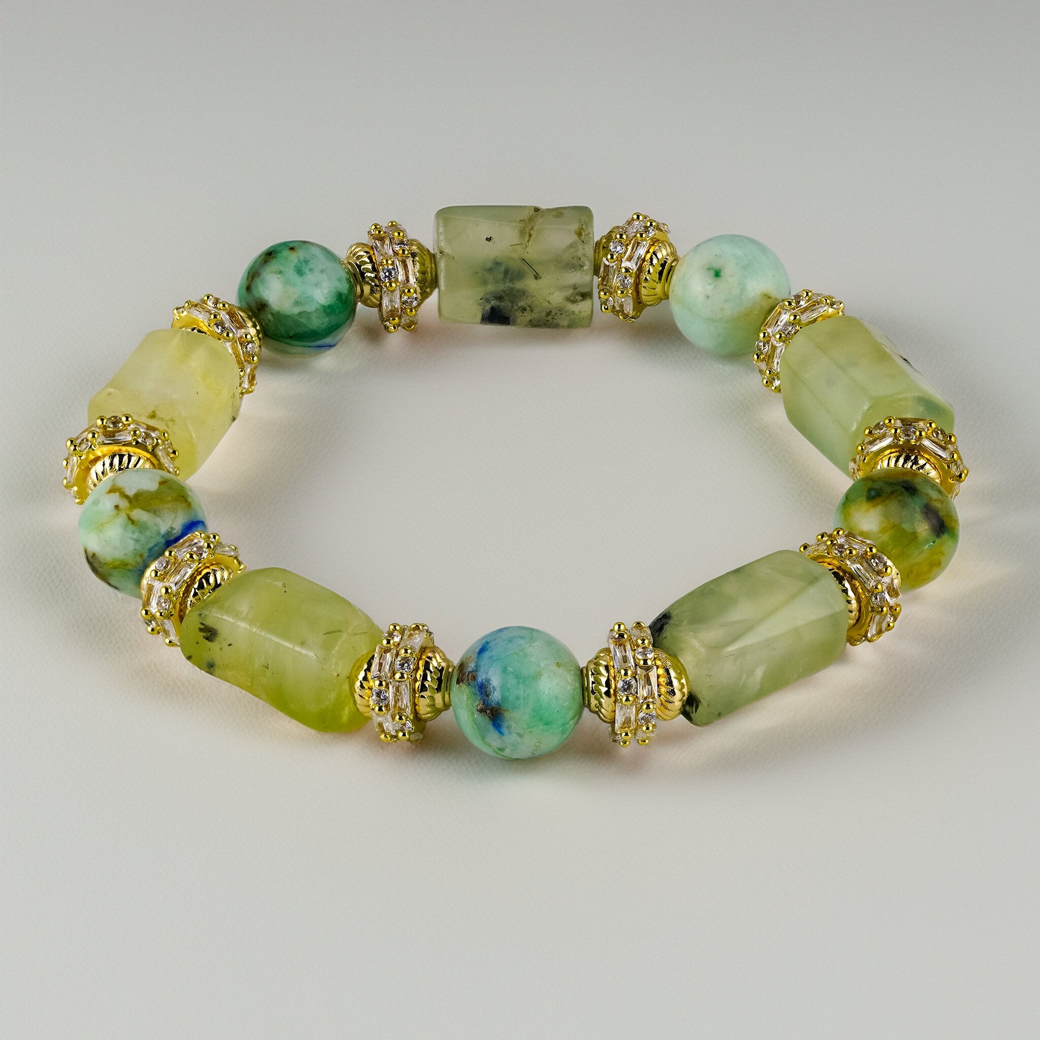 Lin 林 Collection Jade Garden bracelet by XOIAX with Green Prehnite and Phoenix Jade beads, a feng shui gemstone bracelet for growth and new beginnings