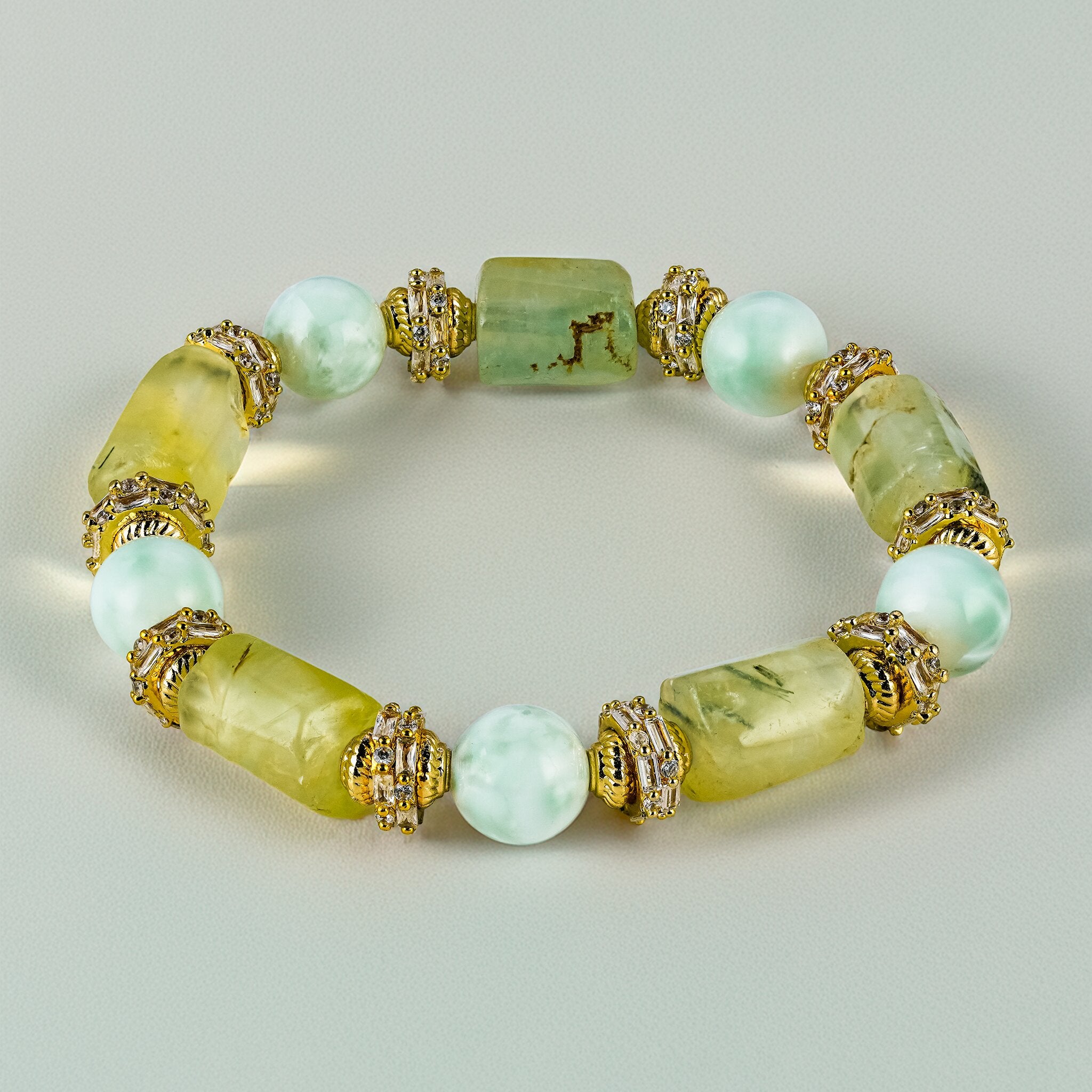 Lin 林 Collection Lotus Spring bracelet by XOIAX with Green Prehnite and Green Larimar beads, a feng shui gemstone bracelet for restorative calm