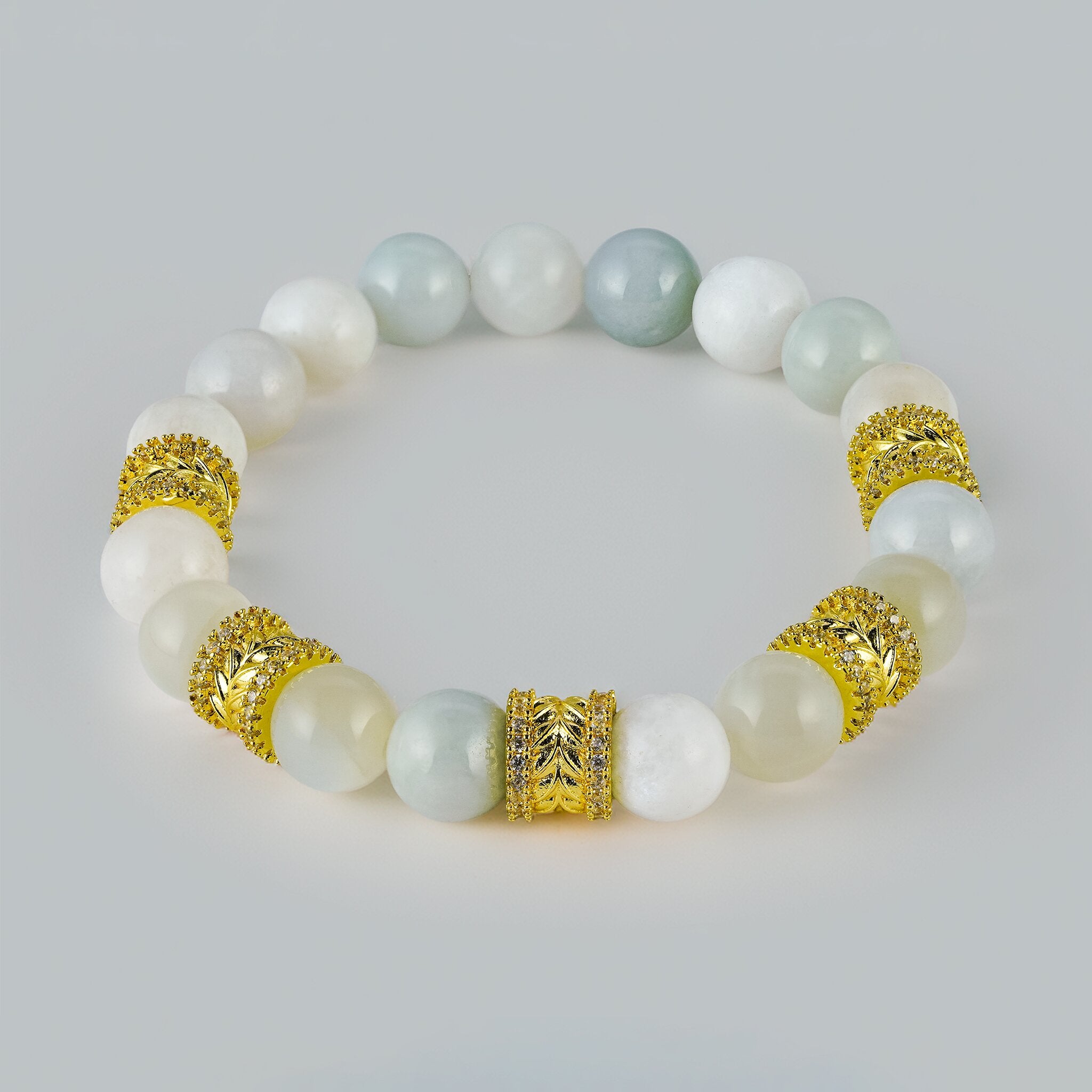 Golden Wreaths The Luna Halo bracelet by XOIAX with double Moonstone and Burmese Jade beads, an 18k gold wreath feng shui bracelet for intuition and feminine power