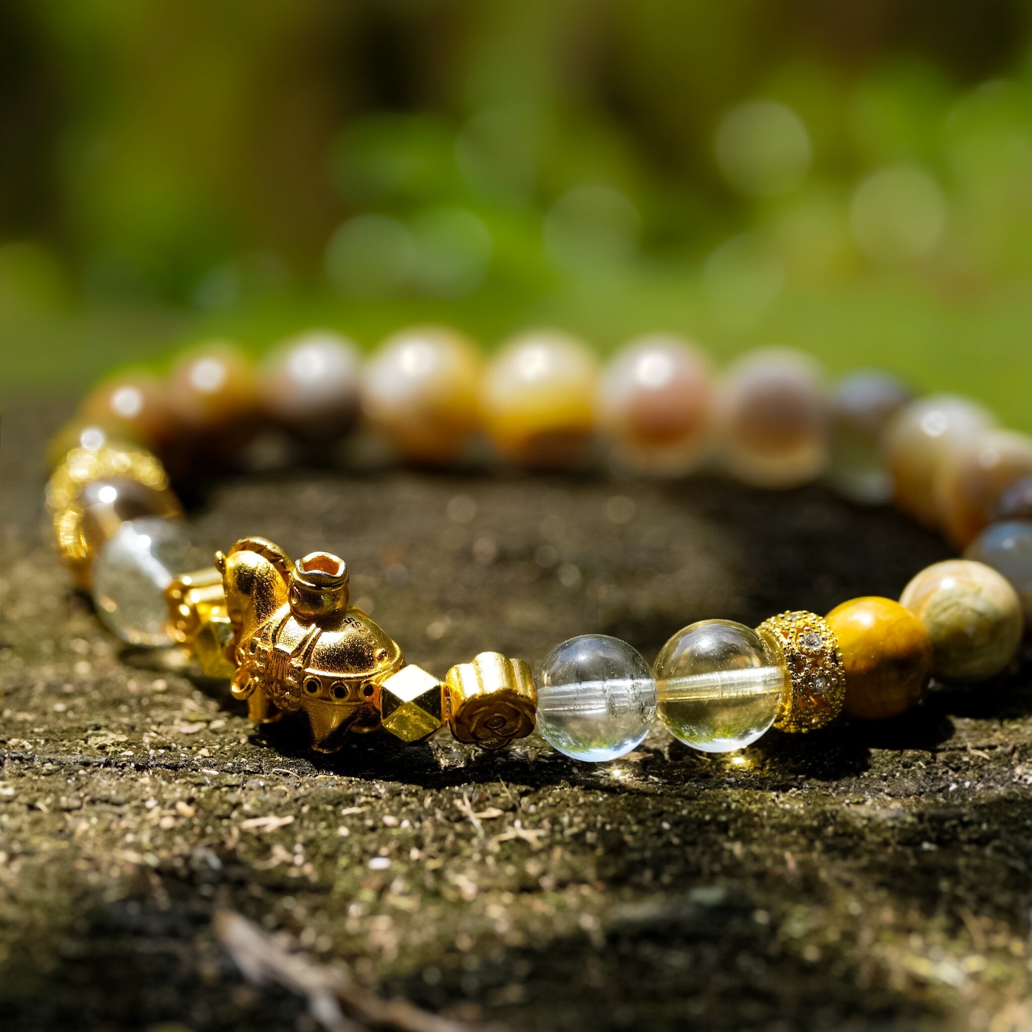 XOIAX Heavenly Four Rose Equine Lunar Rose bracelet with Natural Beige Tridacna and Sakura Flower Agate beads and gold elephant charms