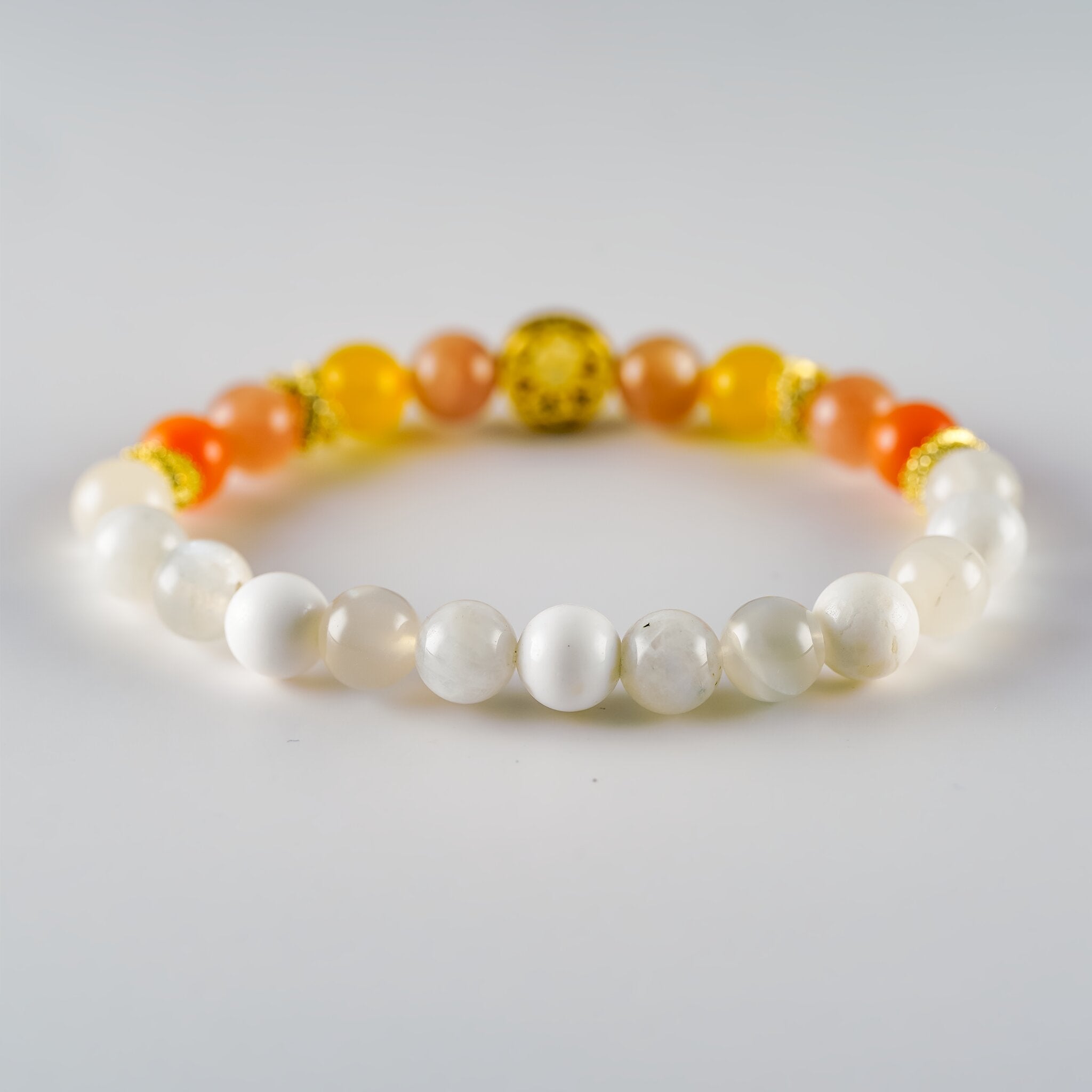 Opal Oracle Collection Selene Illumination bracelet by XOIAX with Peach Moonstone, Sunset Alashan Agate and White Opal beads, back view