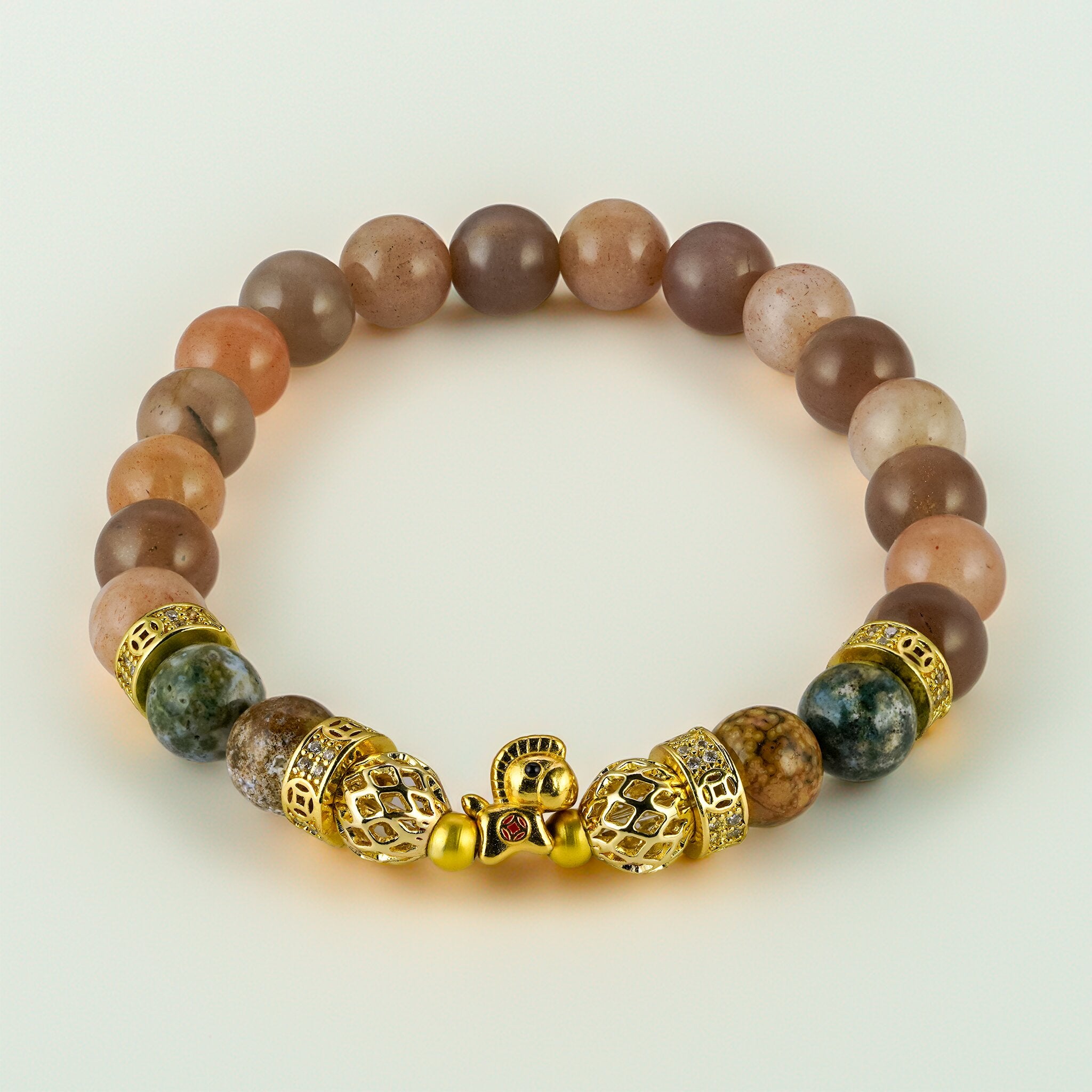 Heavenly Four Astral Steed The Sunkiss bracelet by XOIAX with Peach Moonstone, Sunstone, and Ocean Jasper beads for radiant victory