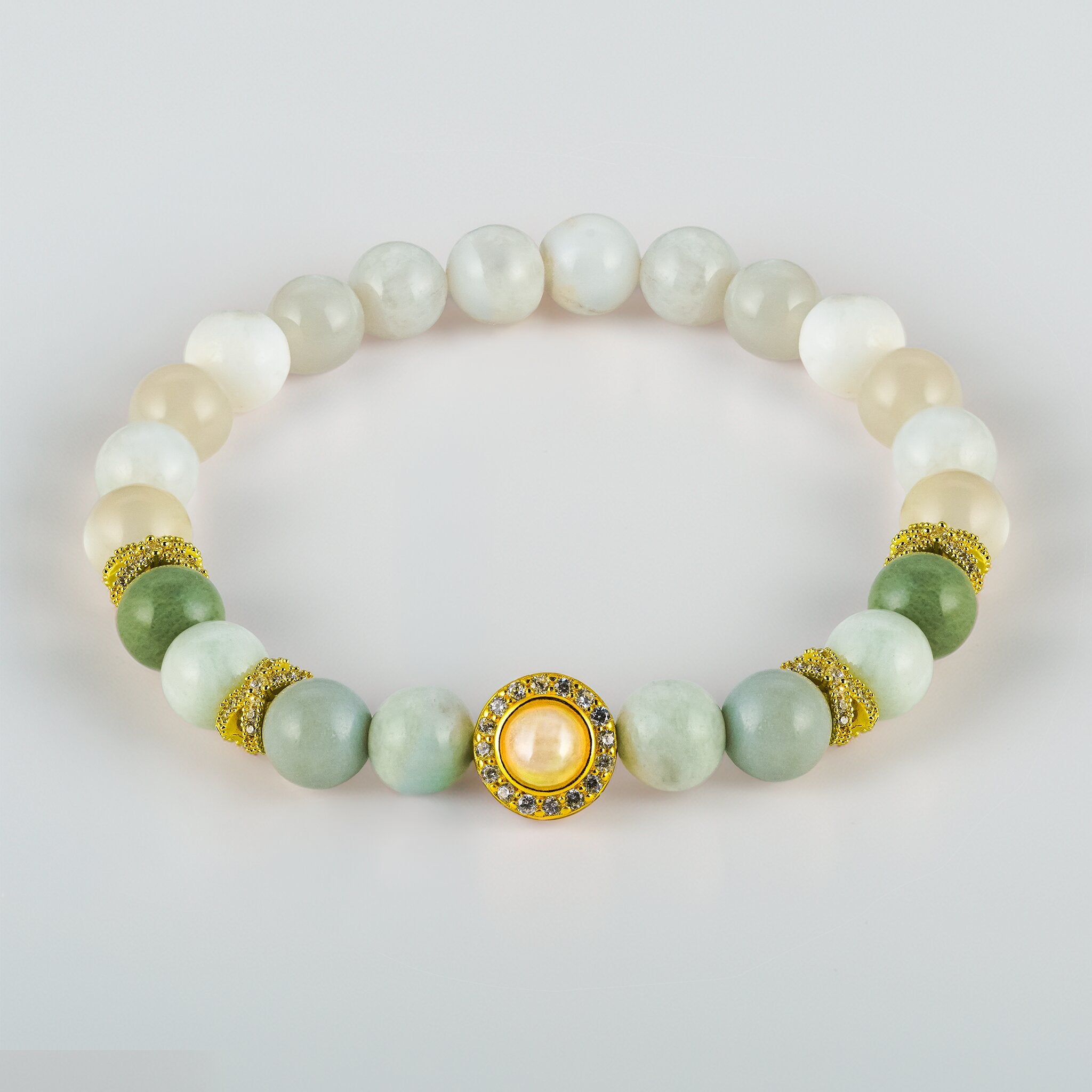 Opal Oracle Collection Amphitrite Tide bracelet by XOIAX, stacked view with Amazonite, Alashan Agate, White Opal and Moonstone beads for calm and clarity
