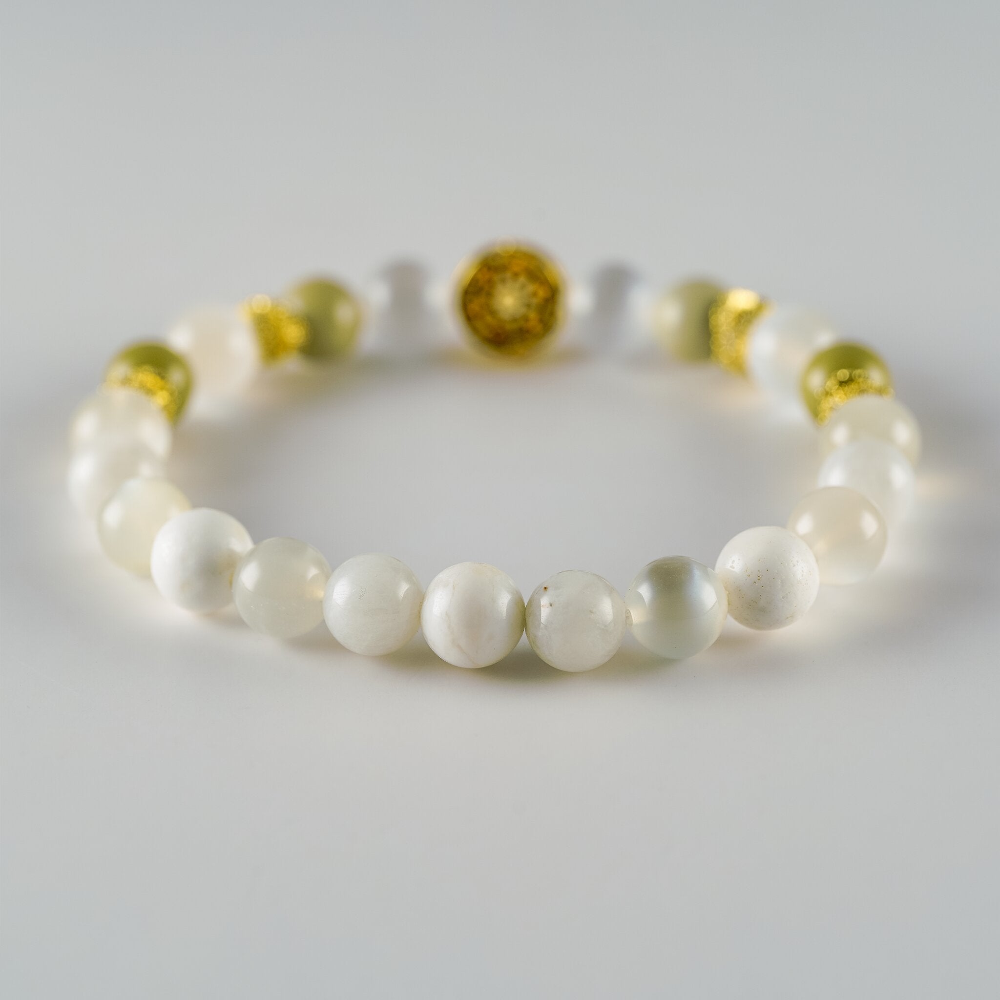 Opal Oracle Collection Artemis Sanctuary bracelet by XOIAX with White Opal, Moonstone, Selenite and Olive Alashan Agate beads, back view