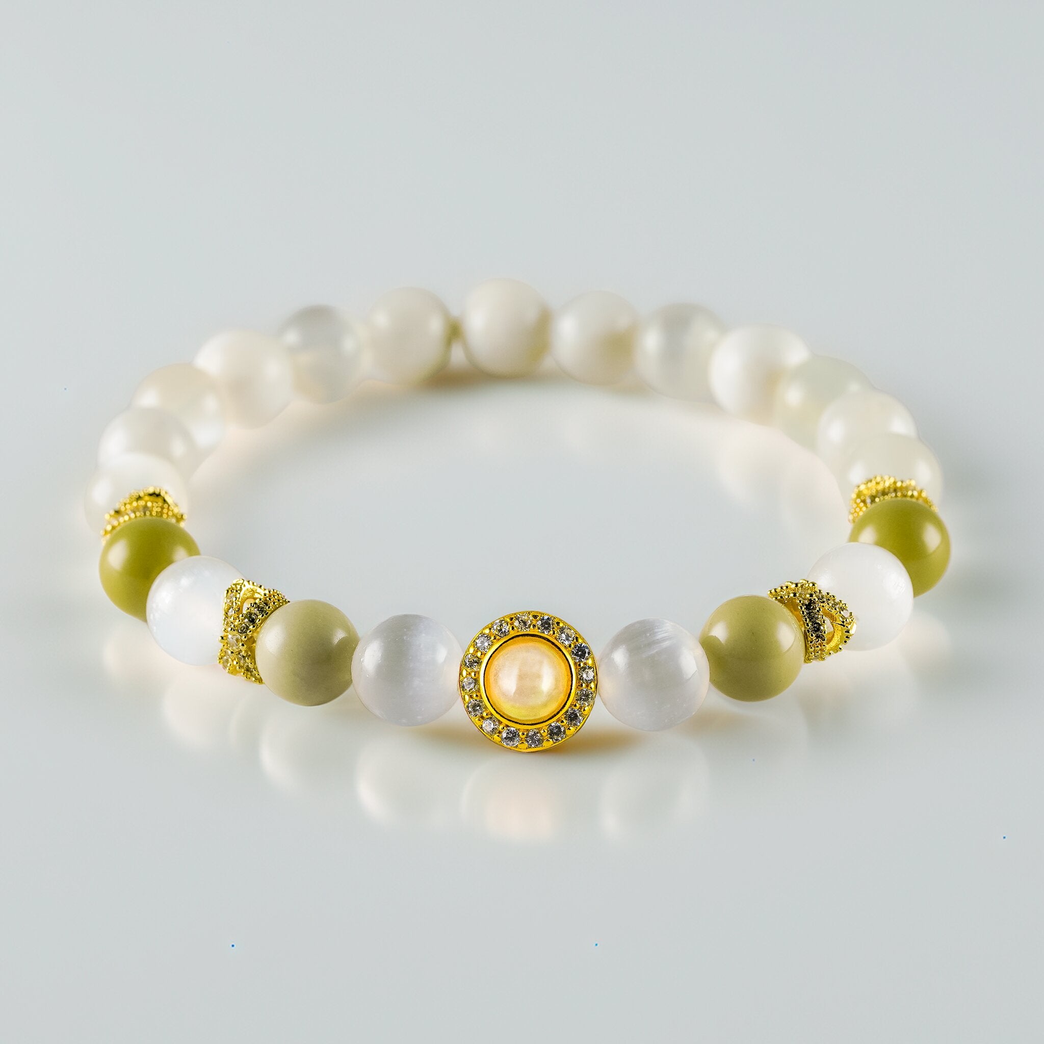 Opal Oracle Collection Artemis Sanctuary bracelet by XOIAX, Olive Alashan Agate and White Opal beads with gold-plated Opal medallion charm