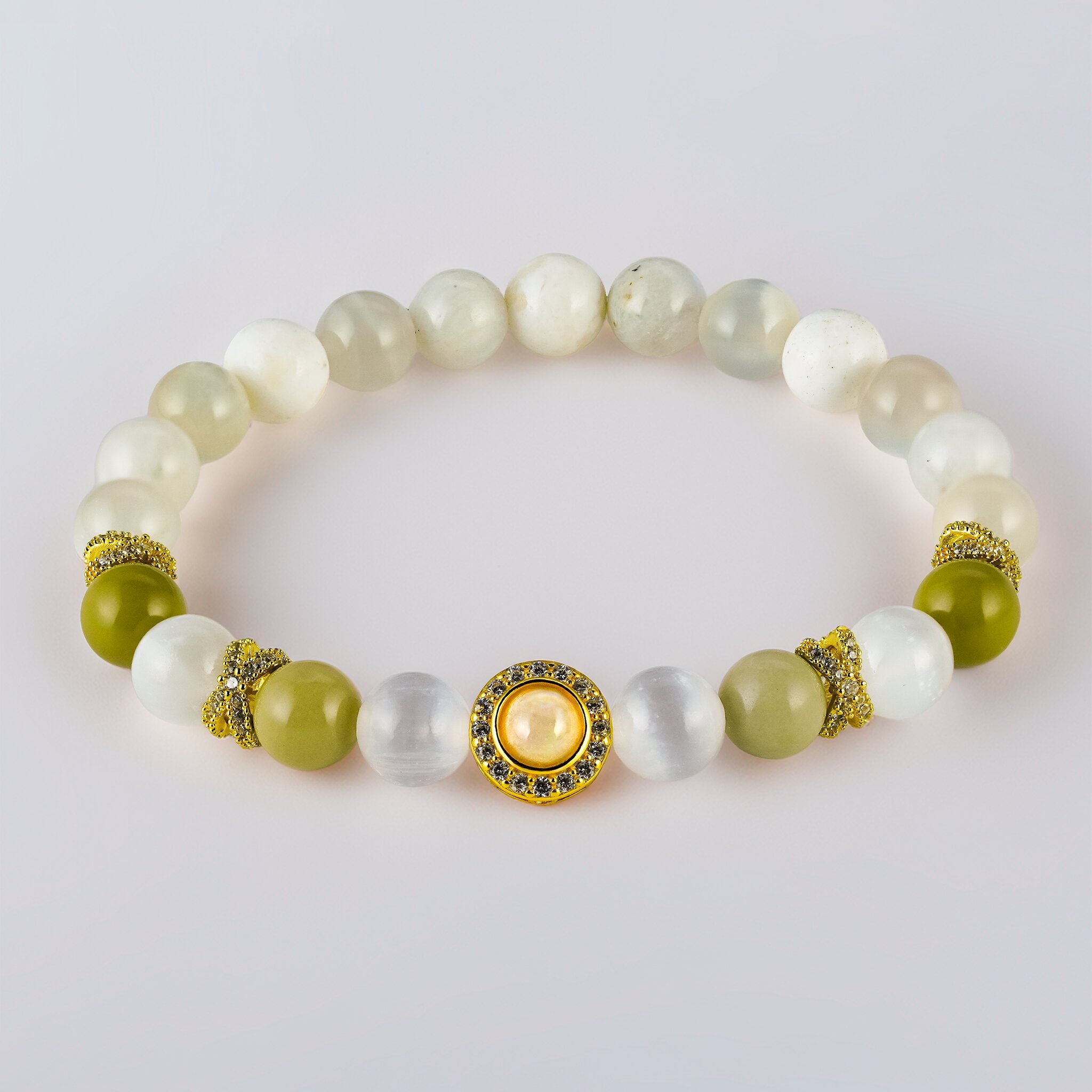 Opal Oracle Collection Artemis Sanctuary bracelet by XOIAX, stacked view with Selenite, Olive Alashan Agate, White Opal and Moonstone beads for grounded strength