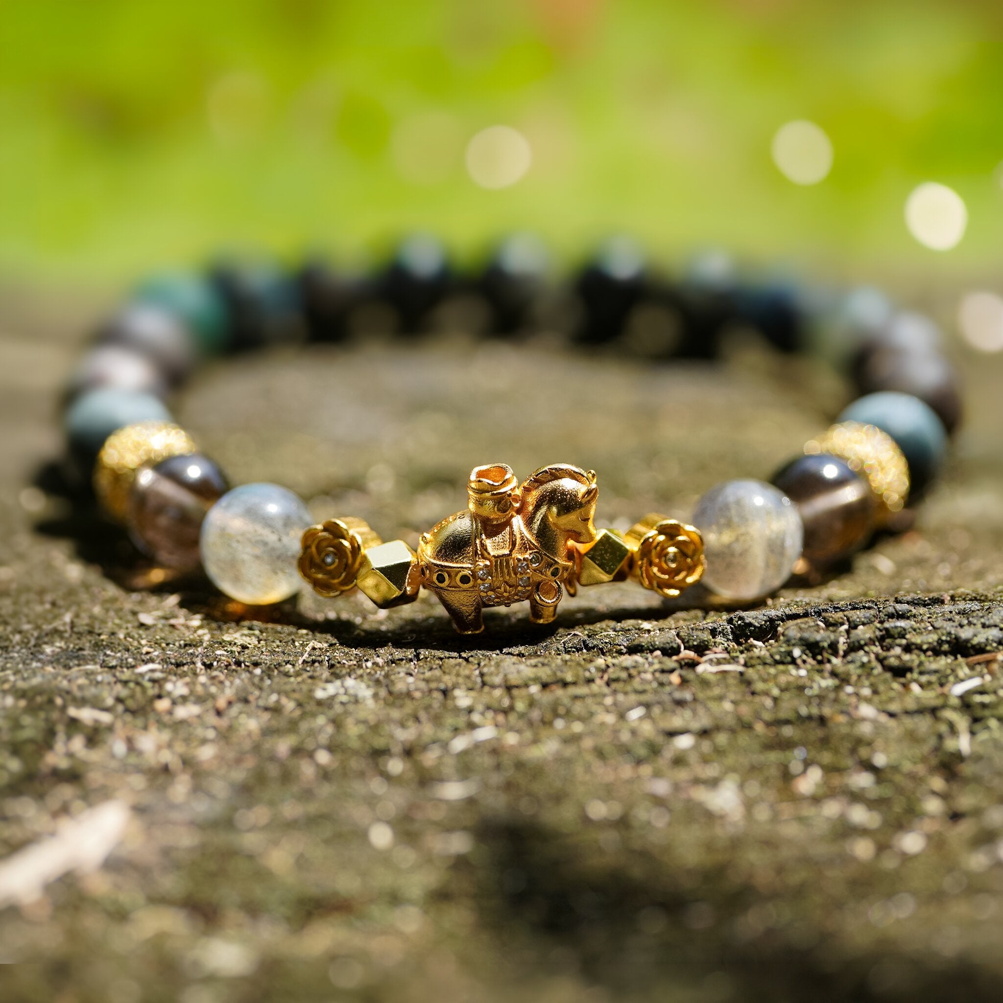 Heavenly Four Rose Equine Iron Rose bracelet by XOIAX with Labradorite, Smoky Quartz, and Hawk Eye crystal beads for feminine strength and feng shui protection