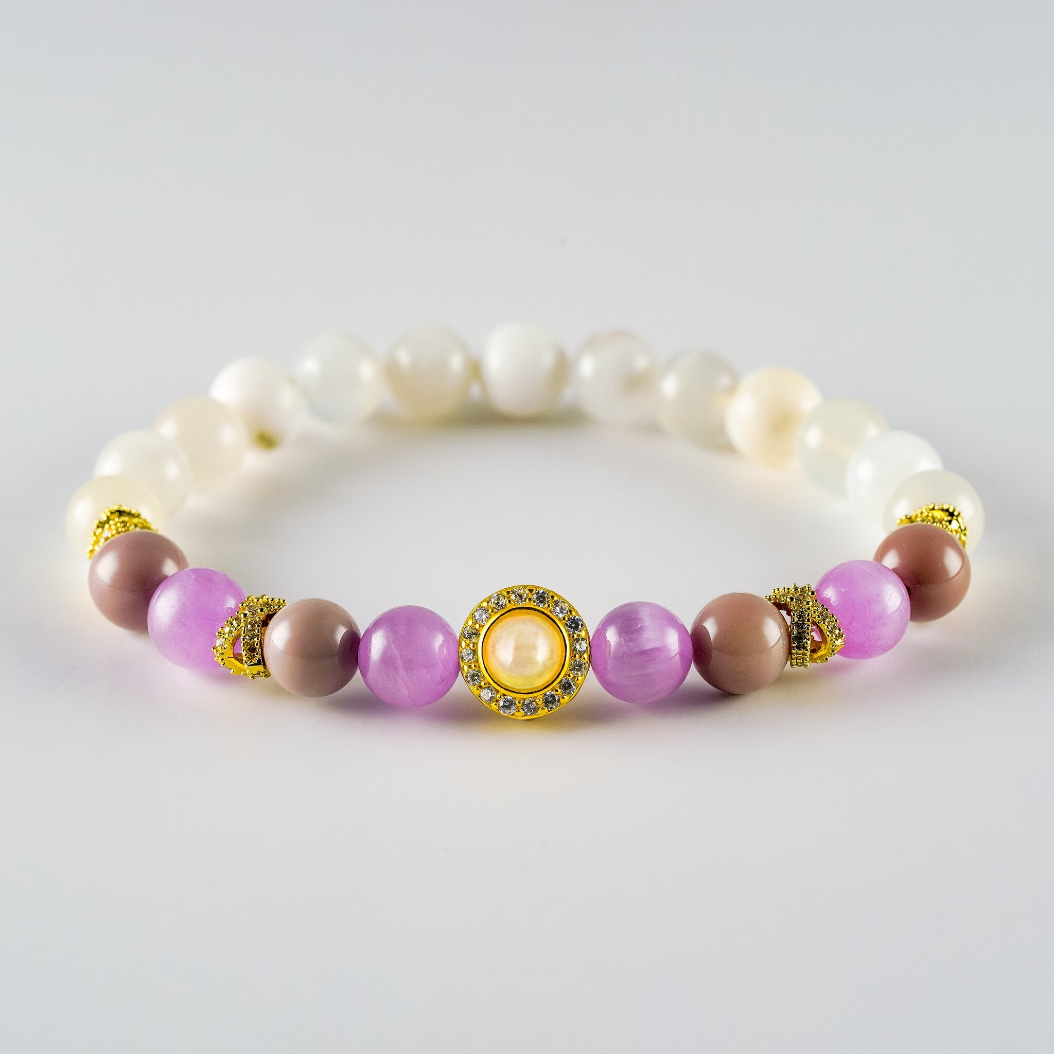 Opal Oracle Collection Isis Enchantment bracelet by XOIAX, Cat's Eye Kunzite and Lilac Alashan Agate beads with gold-plated Opal medallion charm