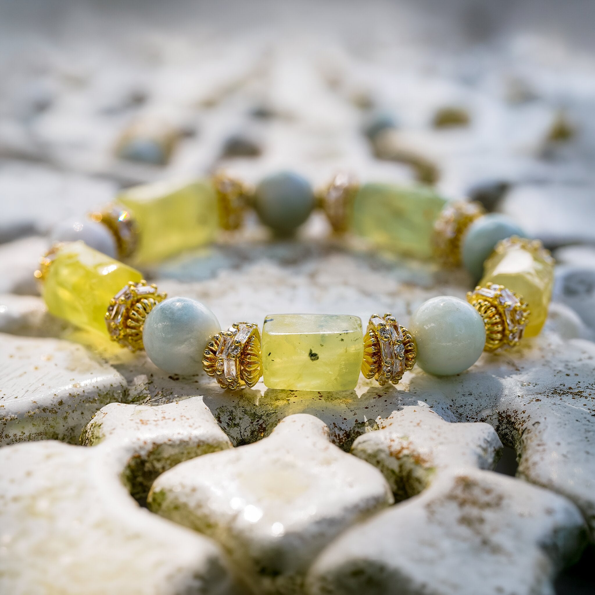 Lin 林 Collection Jade Bamboo bracelet by XOIAX with Burmese Jade and Green Prehnite beads, close-up mood shot on stone background