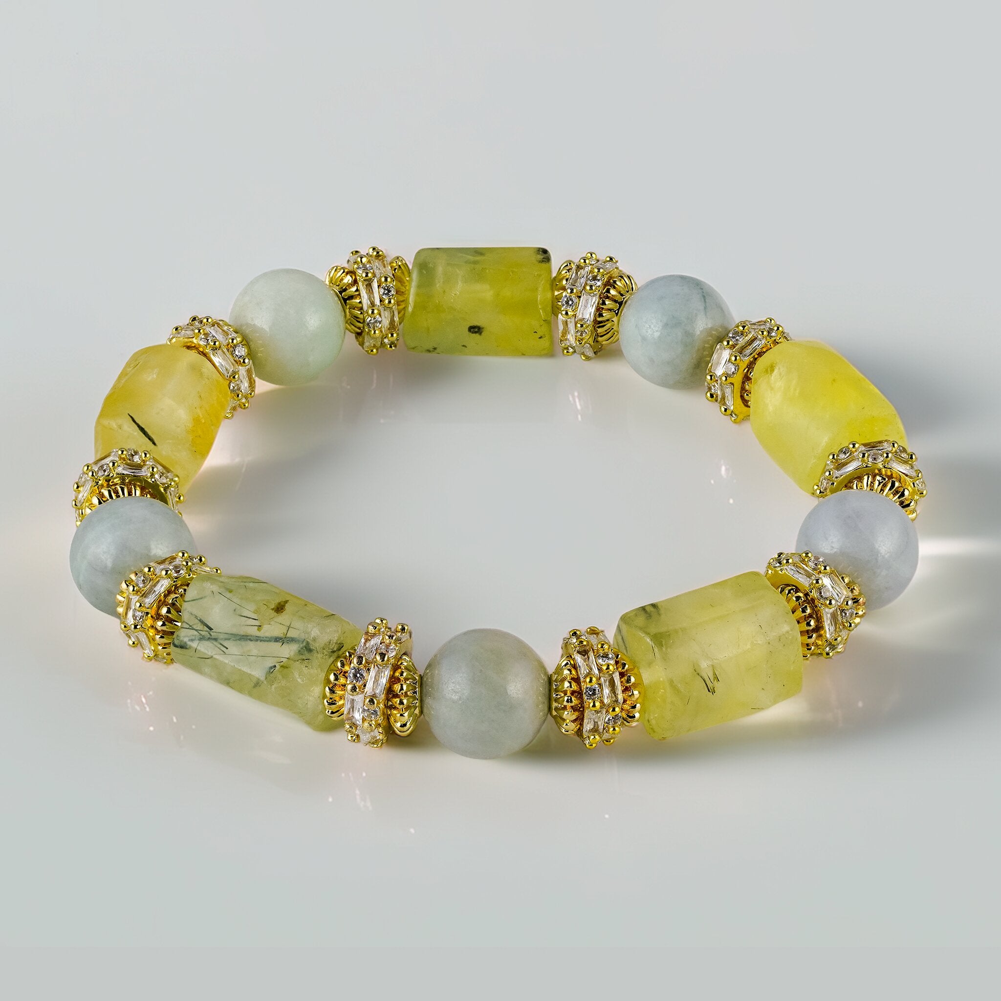 Lin 林 Collection Jade Bamboo bracelet by XOIAX, Burmese Jade and Green Prehnite beaded bracelet on light background