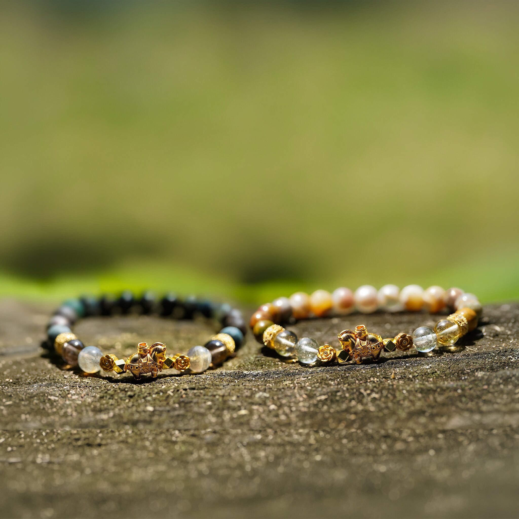Heavenly Four Rose Equine Lunar Rose and Iron Rose bracelets by XOIAX with Green Phantom Quartz, Citrine, and Ocean Jasper beads with gold lotus charms