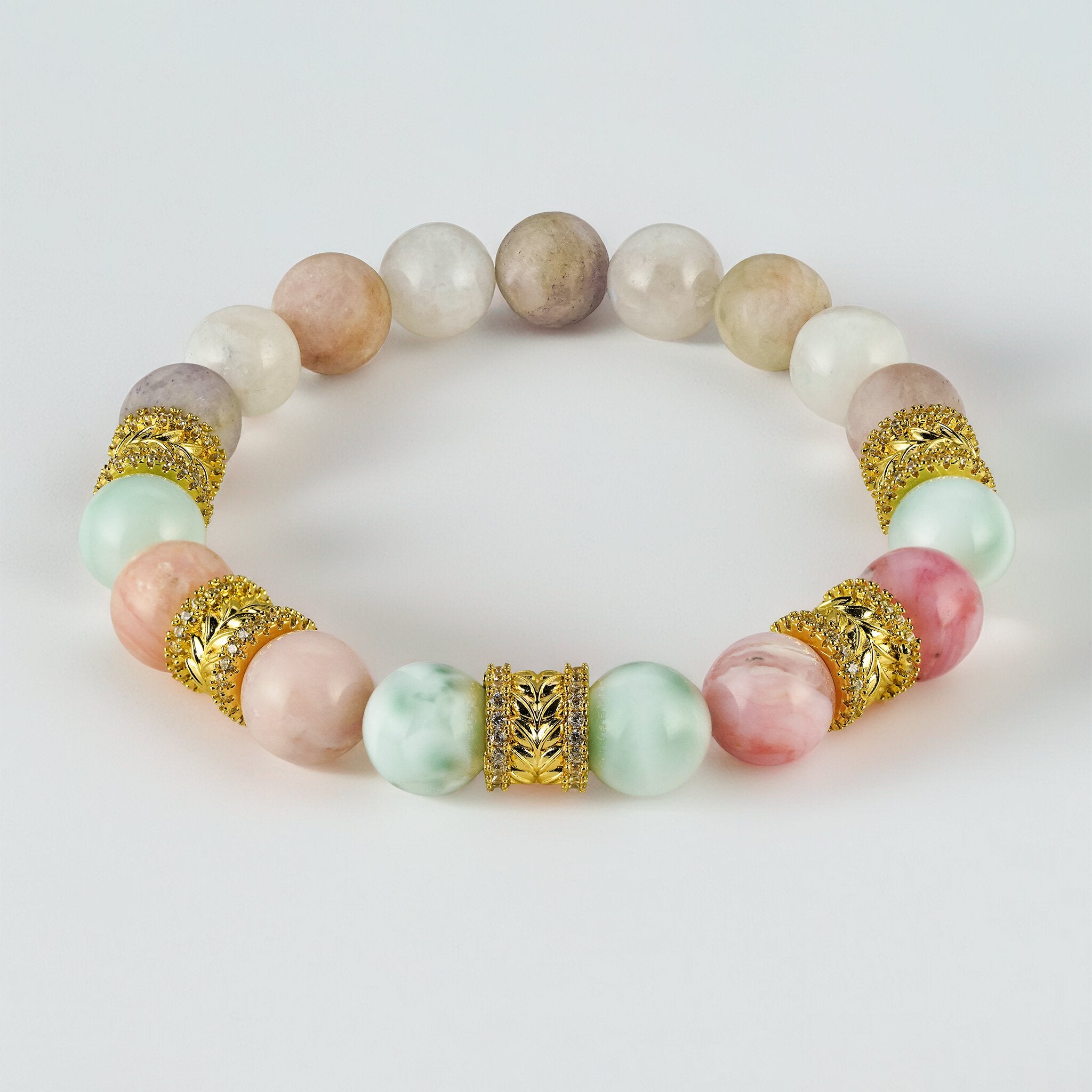 Golden Wreaths The Peony Halo bracelet by XOIAX with Pink Opal, Frosted Sunstone, Larimar, and White Moonstone beads, a feng shui bracelet radiating soft charismatic power