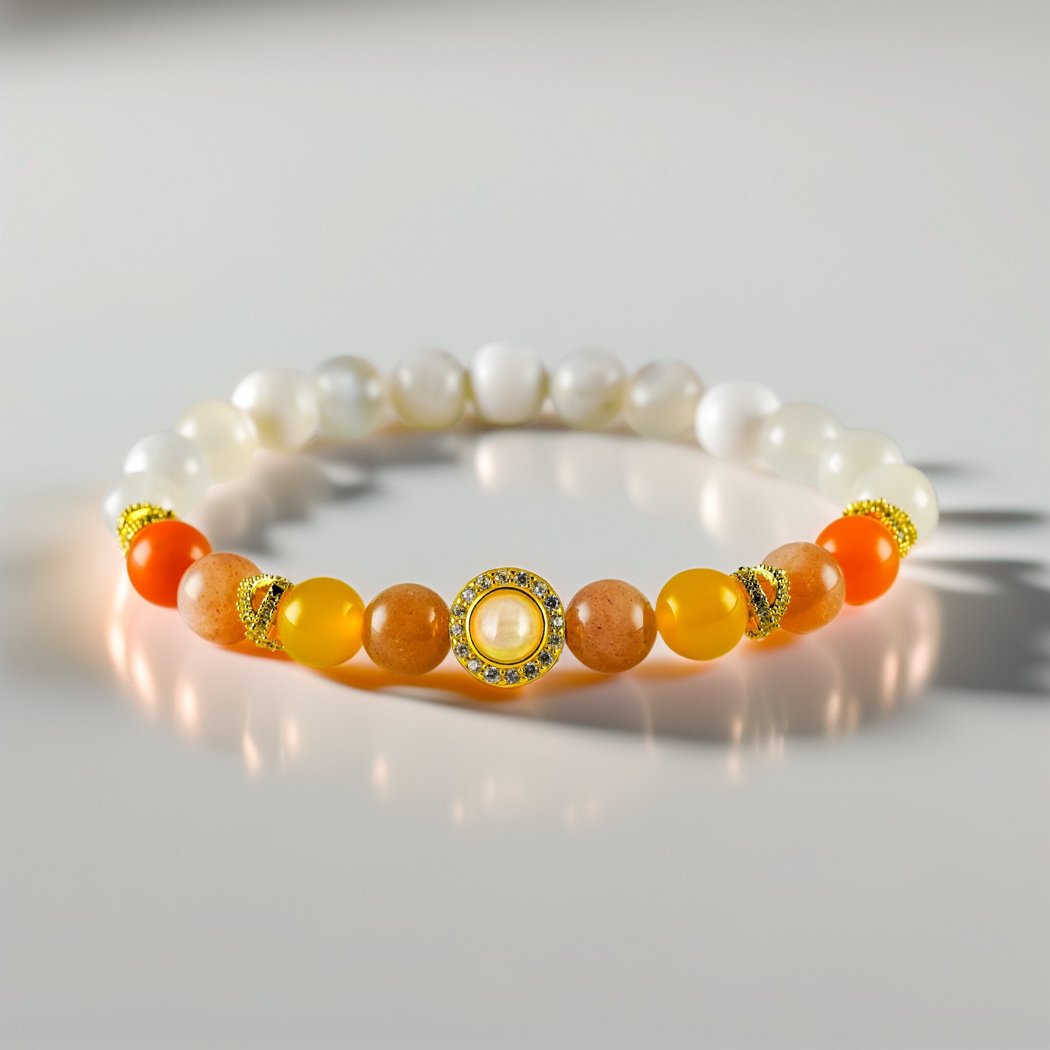 Opal Oracle Collection Selene Illumination bracelet by XOIAX, Sunset Alashan Agate and Peach Moonstone beads with gold-plated Opal medallion charm