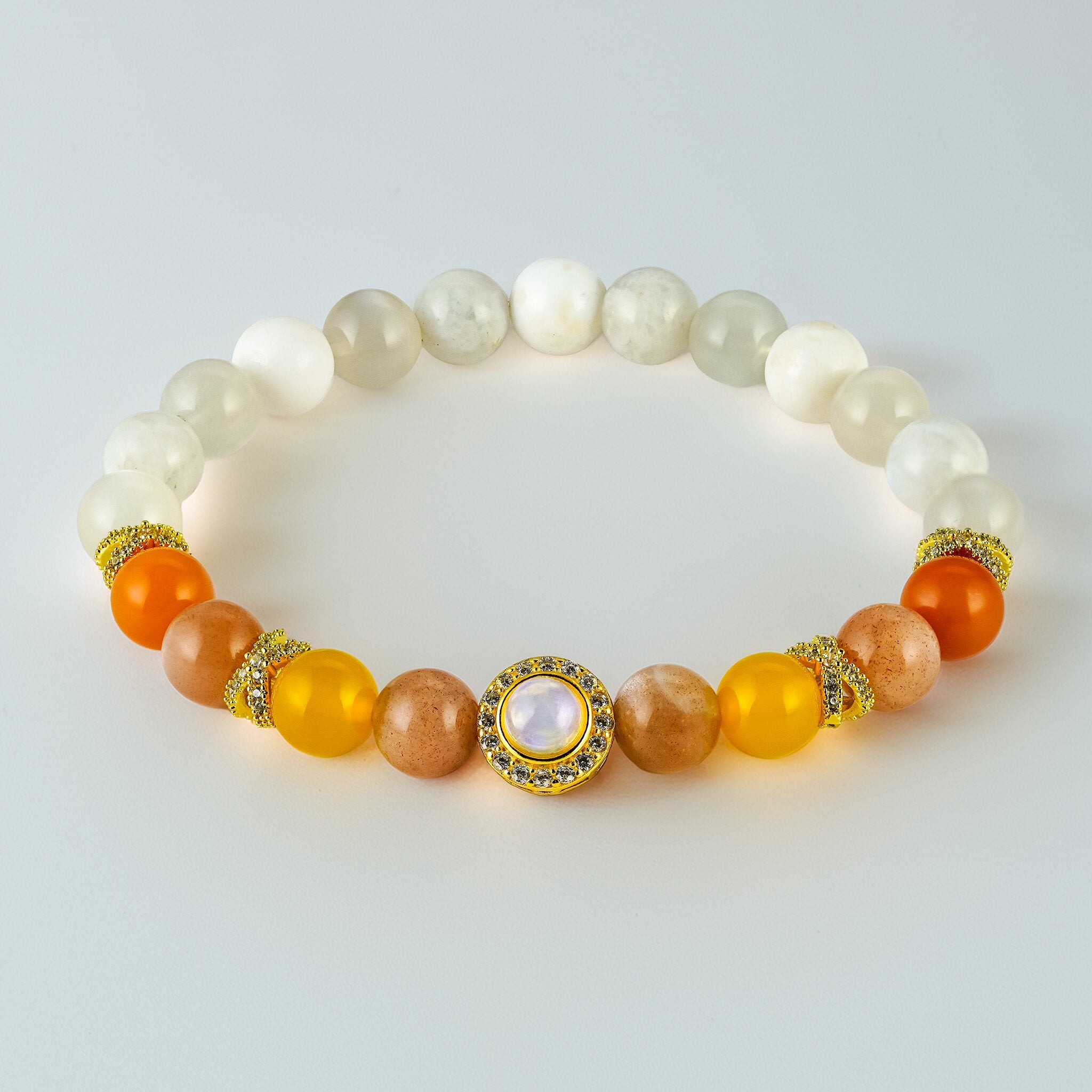 Opal Oracle Collection Selene Illumination bracelet by XOIAX, stacked view with Peach Moonstone, Sunset Alashan Agate and White Opal beads for pure light