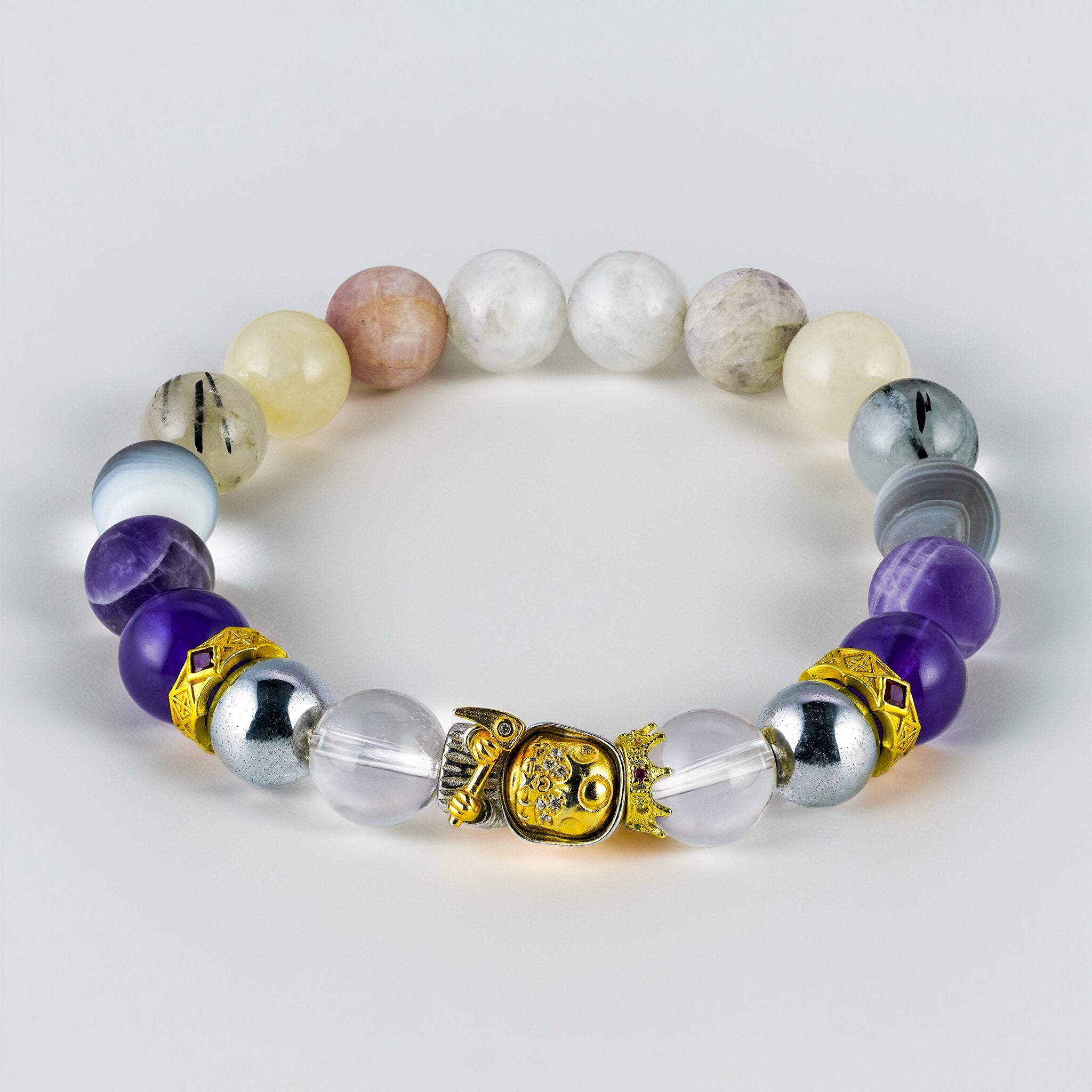 Imperial Court Collection Sovereign Emperors The Regent bracelet by XOIAX with Amethyst, Snow Quartz, Golden Jade and Hematite beads, gold-plated Buddha head charms