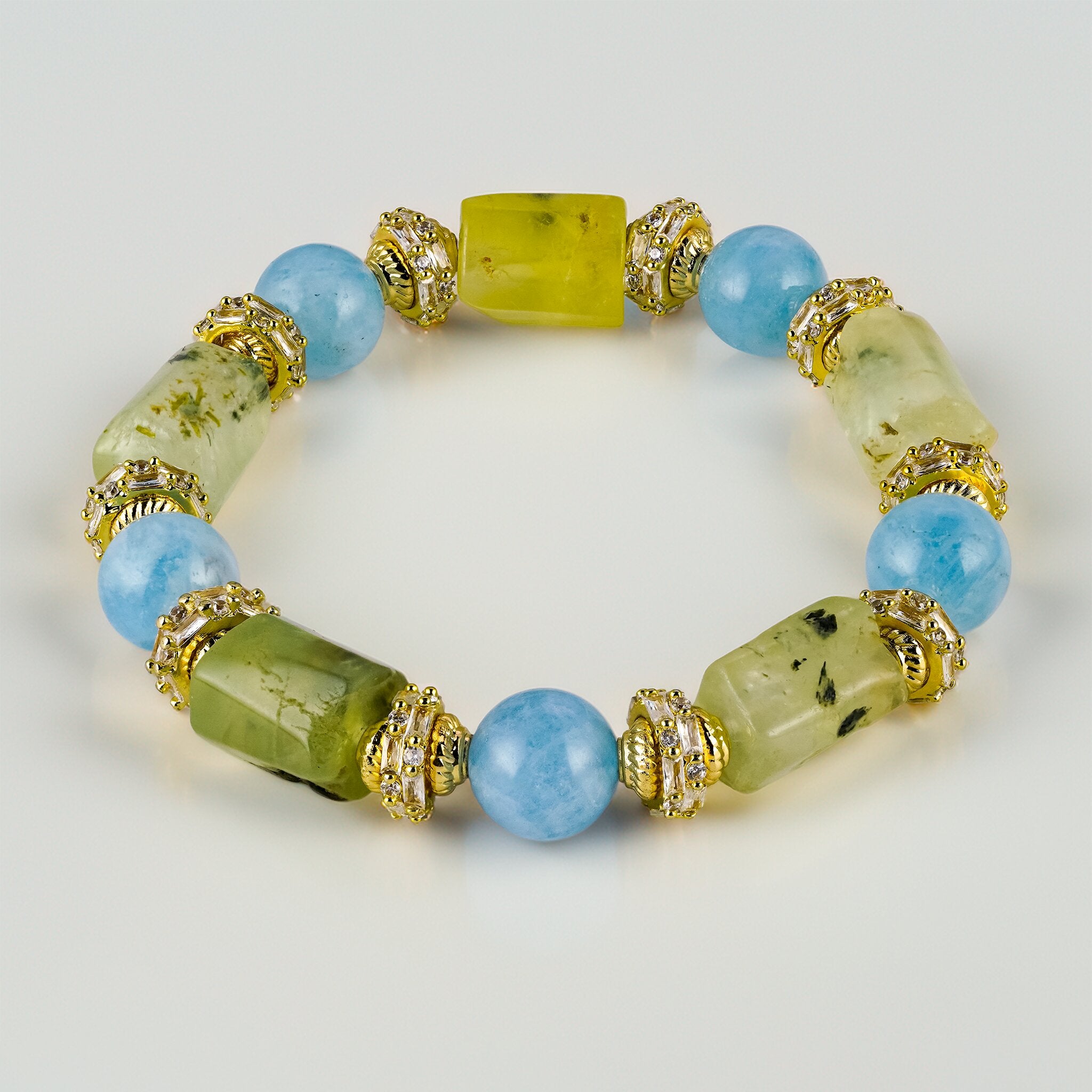 Lin 林 Collection Willow Stream bracelet by XOIAX with Green Prehnite and Aquamarine beads, a feng shui gemstone bracelet for graceful flow and clarity